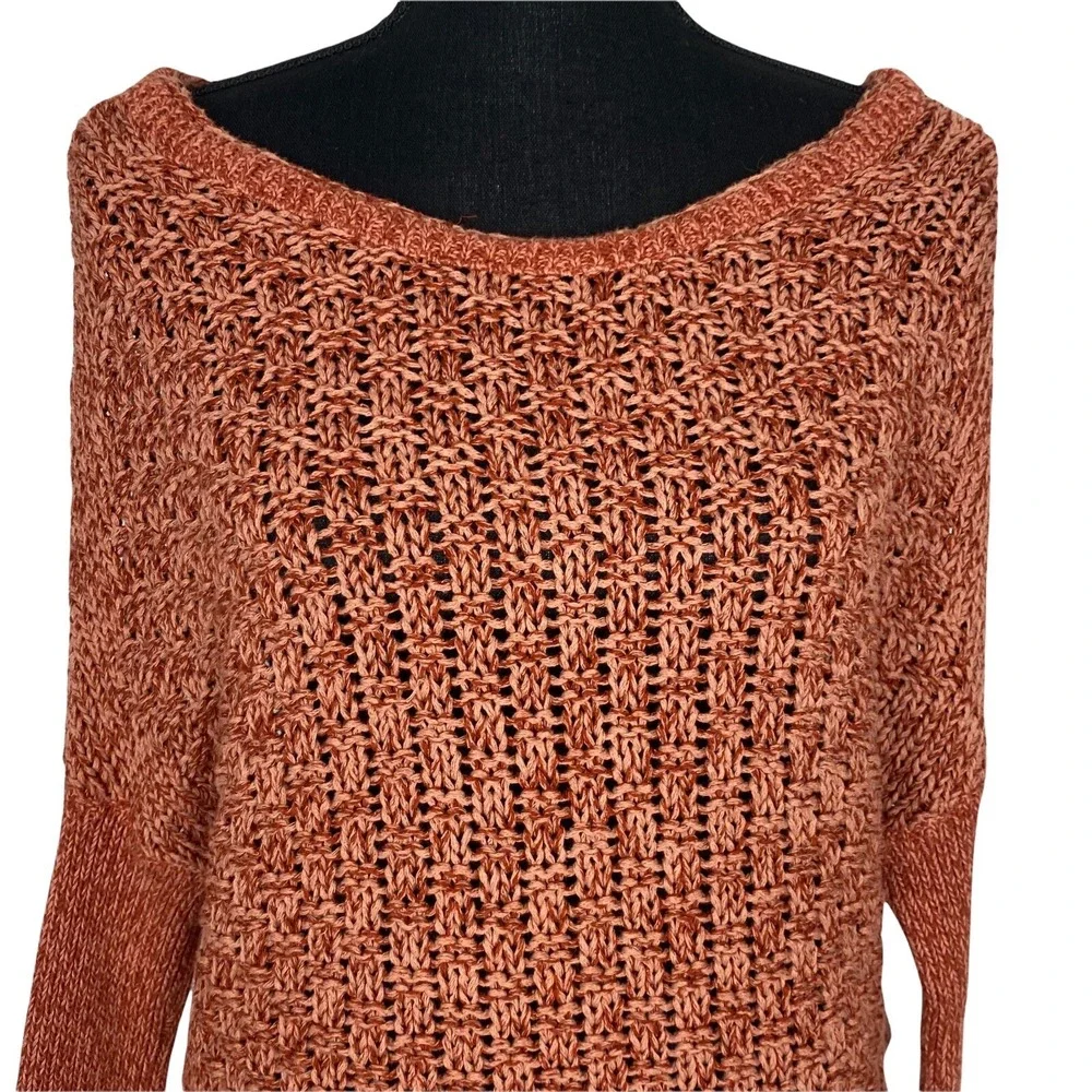 FREE PEOPLE Women Wide Scoop Neck Long Sleeve Loose Weave Sweater Sz S Orange